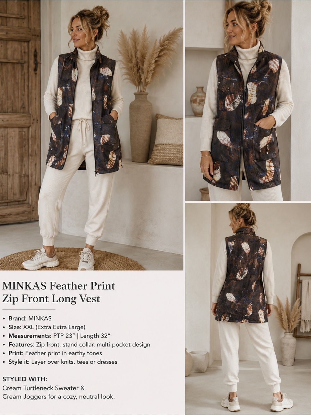 Feather-Print Long Zip Vest - Brown